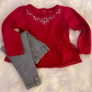 CARTERS Red Peplum Top with Silver Neckline Appliqué & Striped Legging Set 24M